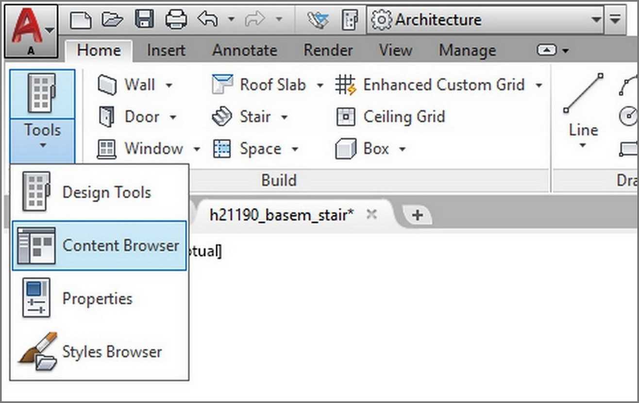 Fig.2.1.6.2 - Open Content Browser - Stair aca18 ribbon build ContentBrowser 482324
