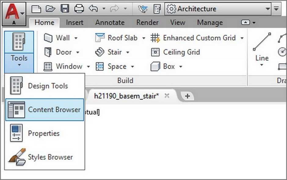 Fig.2.1.6.2 - Open Content Browser - Stair aca18 ribbon build ContentBrowser 482324